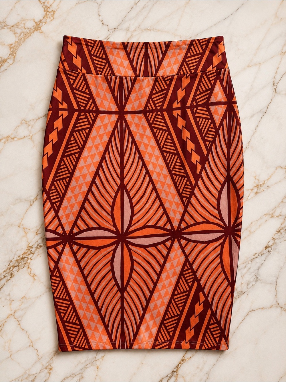 Tanoa  Orange & Burgundy Geometric Pencil Skirt
